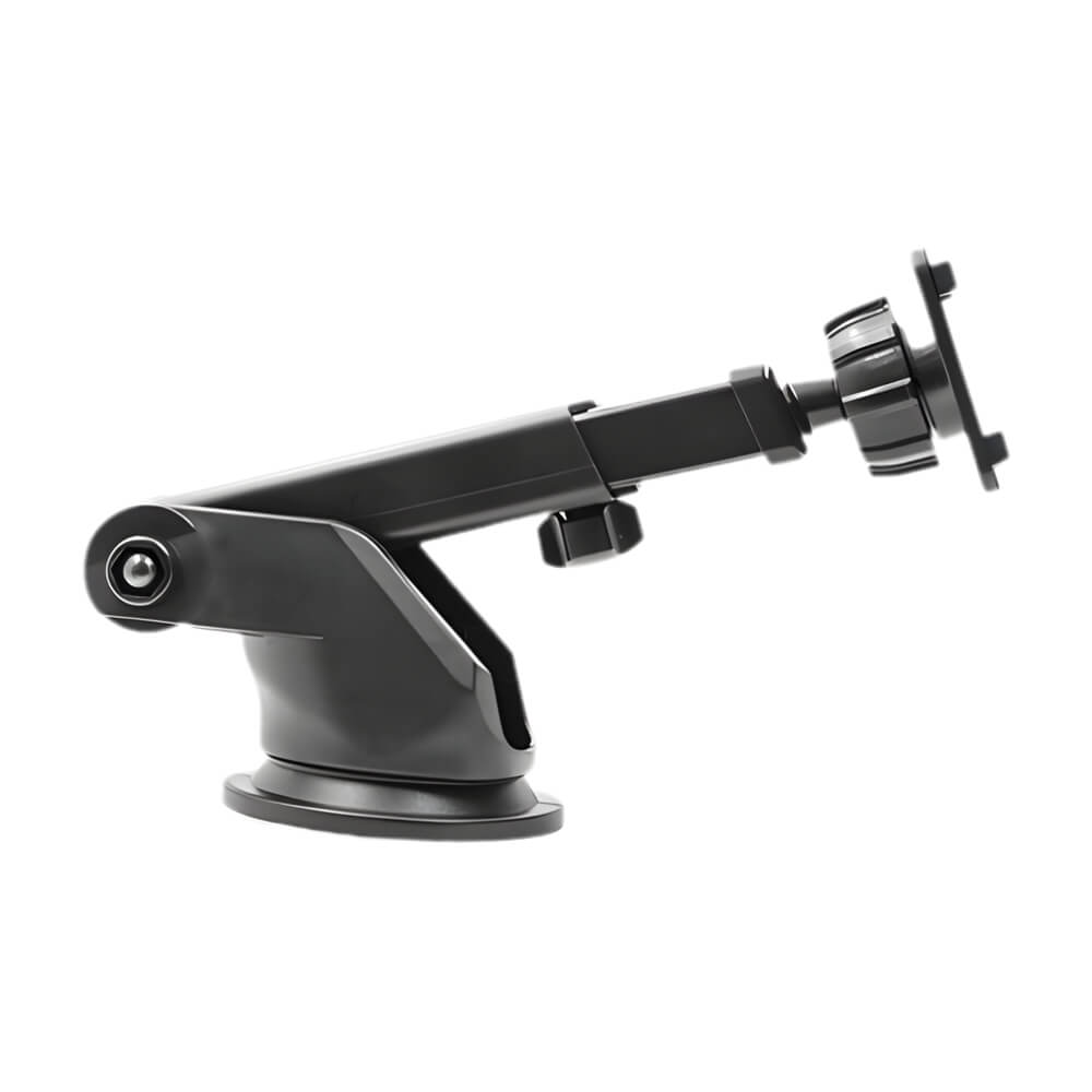 Black plastic adjustable car mount with a circular suction cup base and a ribbed tightening knob leading to a flat device attachment plate