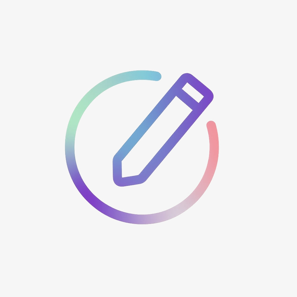 Digital icon of an outline pencil with a purple to blue gradient, partially framed by a circular arc displaying green, purple, and pink gradient colors