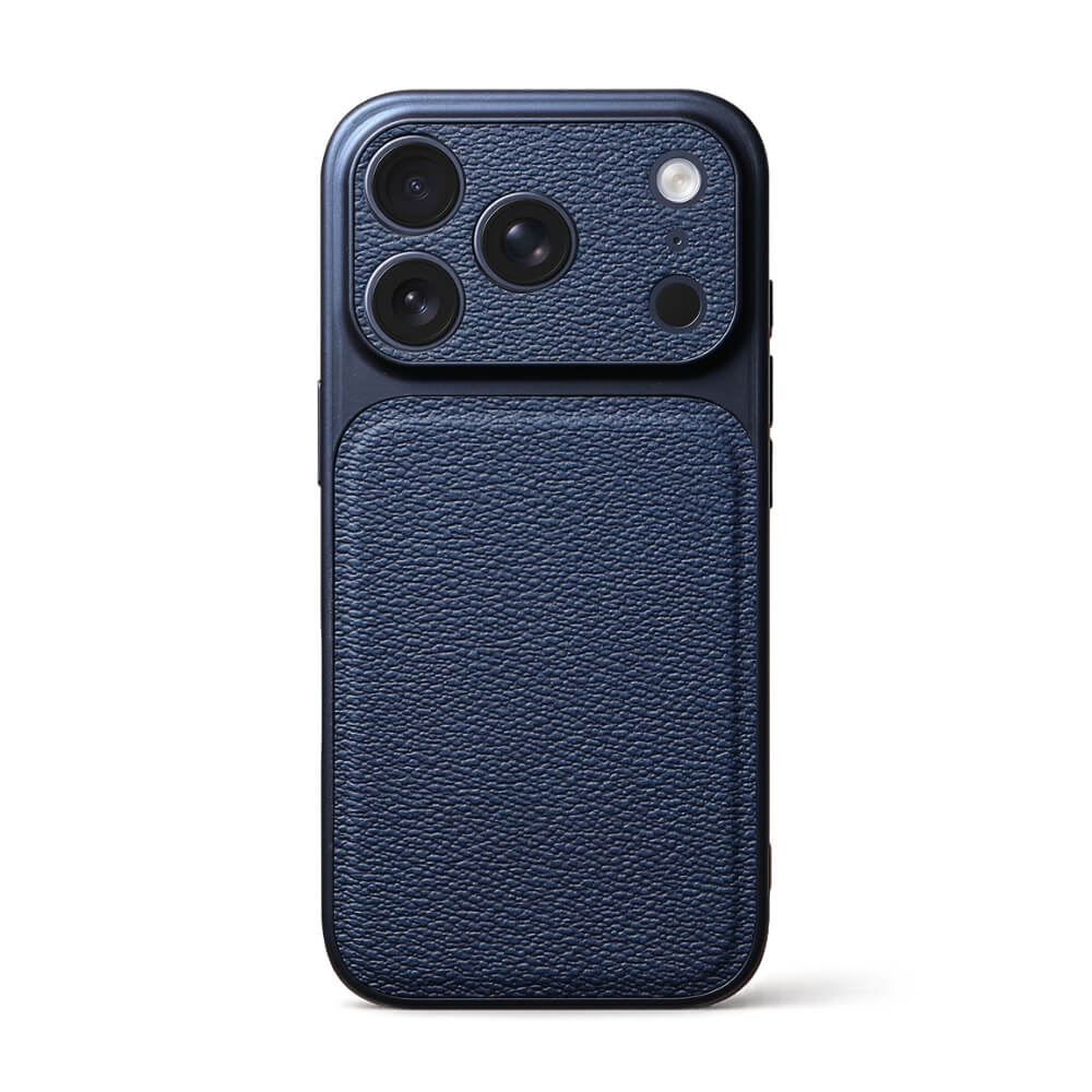 Product image of a dark blue smartphone case featuring a pebbled leather texture on its lower section and precise cutouts for three camera lenses and a flash module