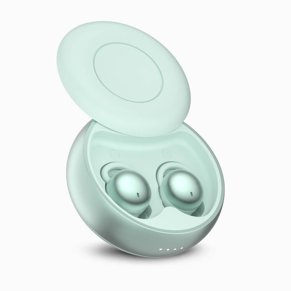 ViSound™ Hush sleep earbuds in a light sage charging case, with earbuds visible inside the open lid.