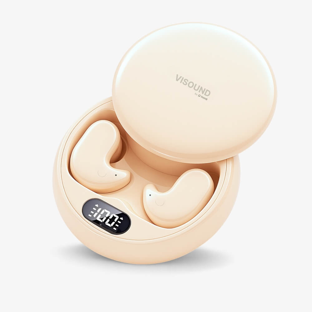 Digital photograph of VISOUND by Qiong wireless earbuds in their open light beige charging case on a white background, displaying a 100% charge on the digital display and featuring a subtle smiling face detail on each earbud