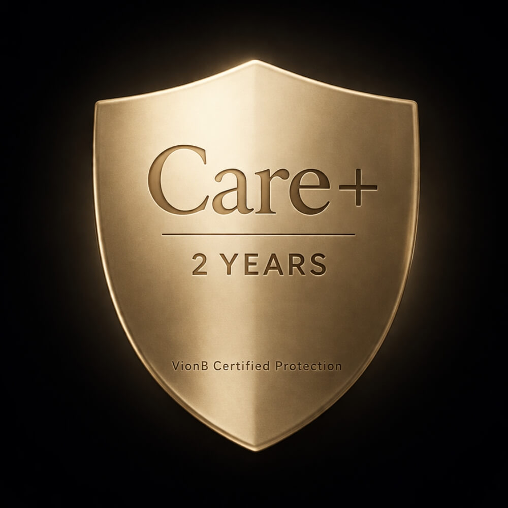 Gold shield-shaped logo with 'Care+', '2 Years', and 'VionB Certified Protection' text on a black background