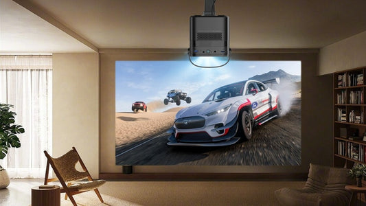 Vision Beam projector mounted on ceiling projecting a racing game in a modern living room
