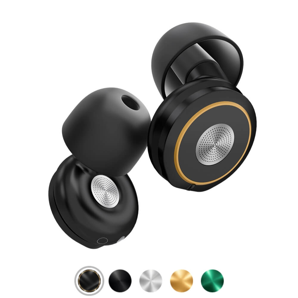 A pair of black wireless earbuds with gold trim, displayed over five different circular color options.