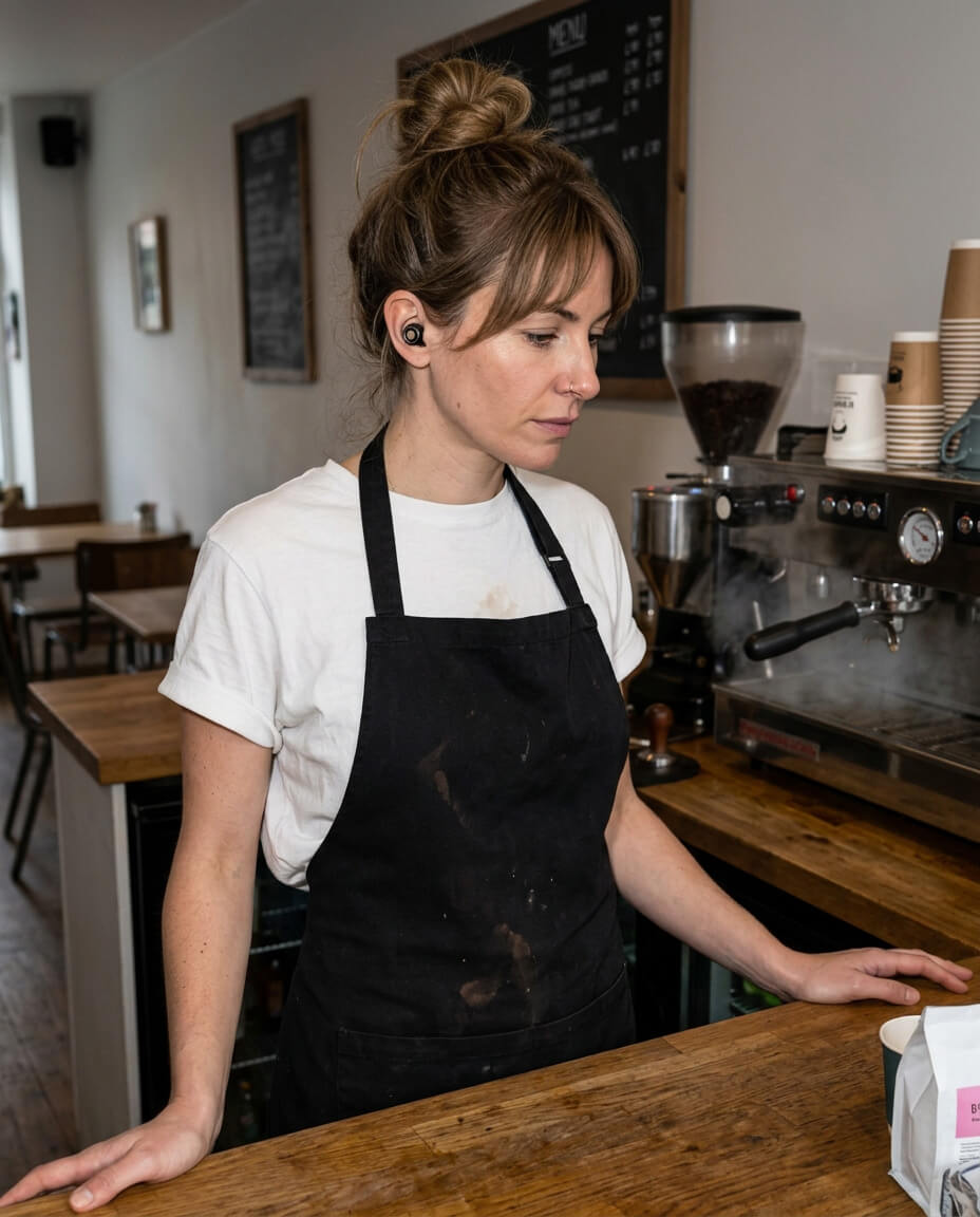 A woman wearing a black apron and an earbud stands behind a counter in a coffee shop.