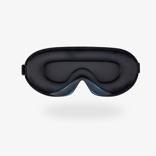Blackout 3D sleep mask in black with blue accents, featuring a contoured design for comfort and light blocking.