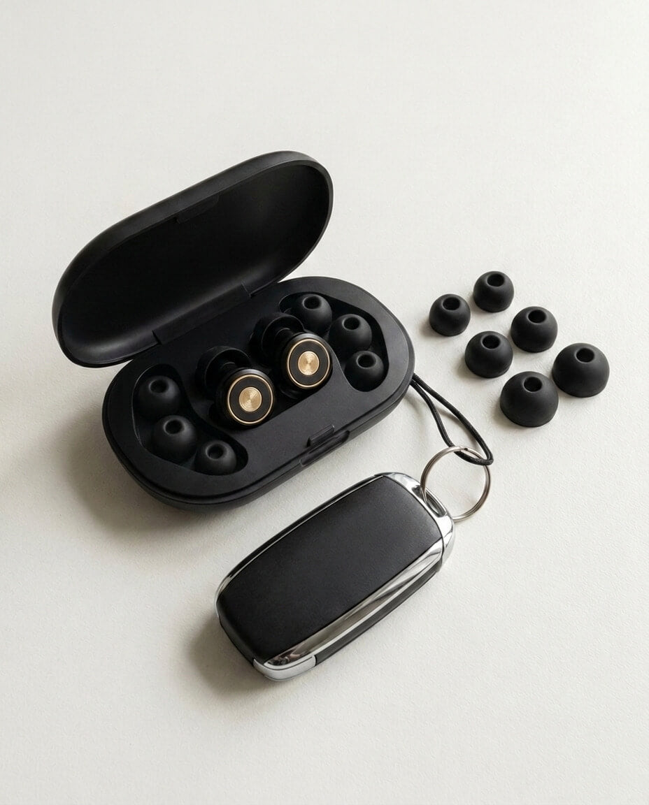 A pair of black wireless earbuds in their open case, next to extra ear tips and a car key.