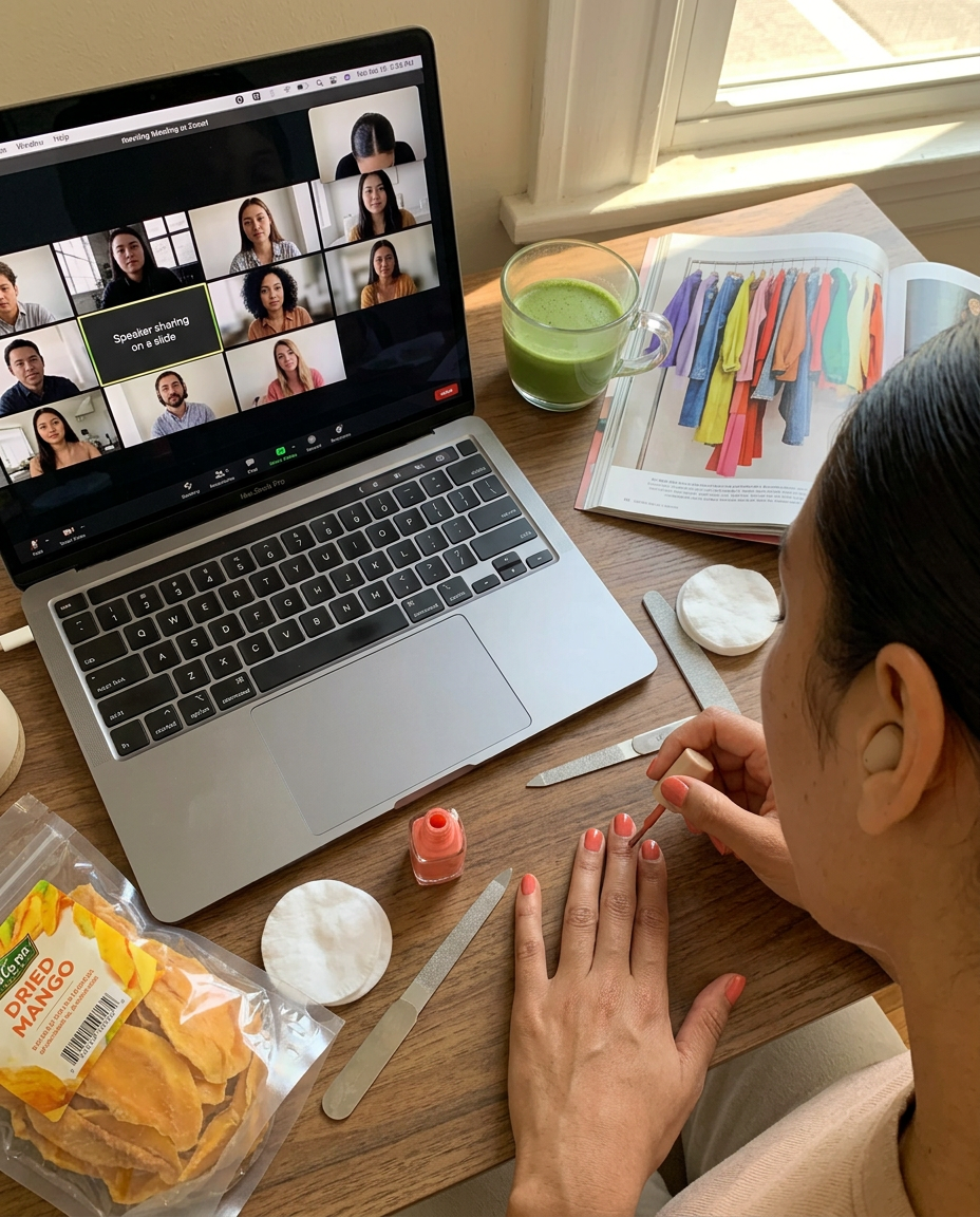 A person paints their nails while attending a video conference call on a laptop.