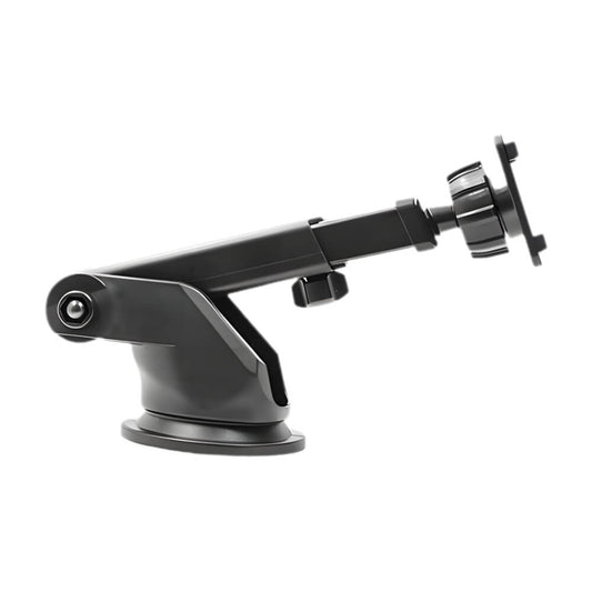 Black plastic adjustable car mount with a circular suction cup base and a ribbed tightening knob leading to a flat device attachment plate