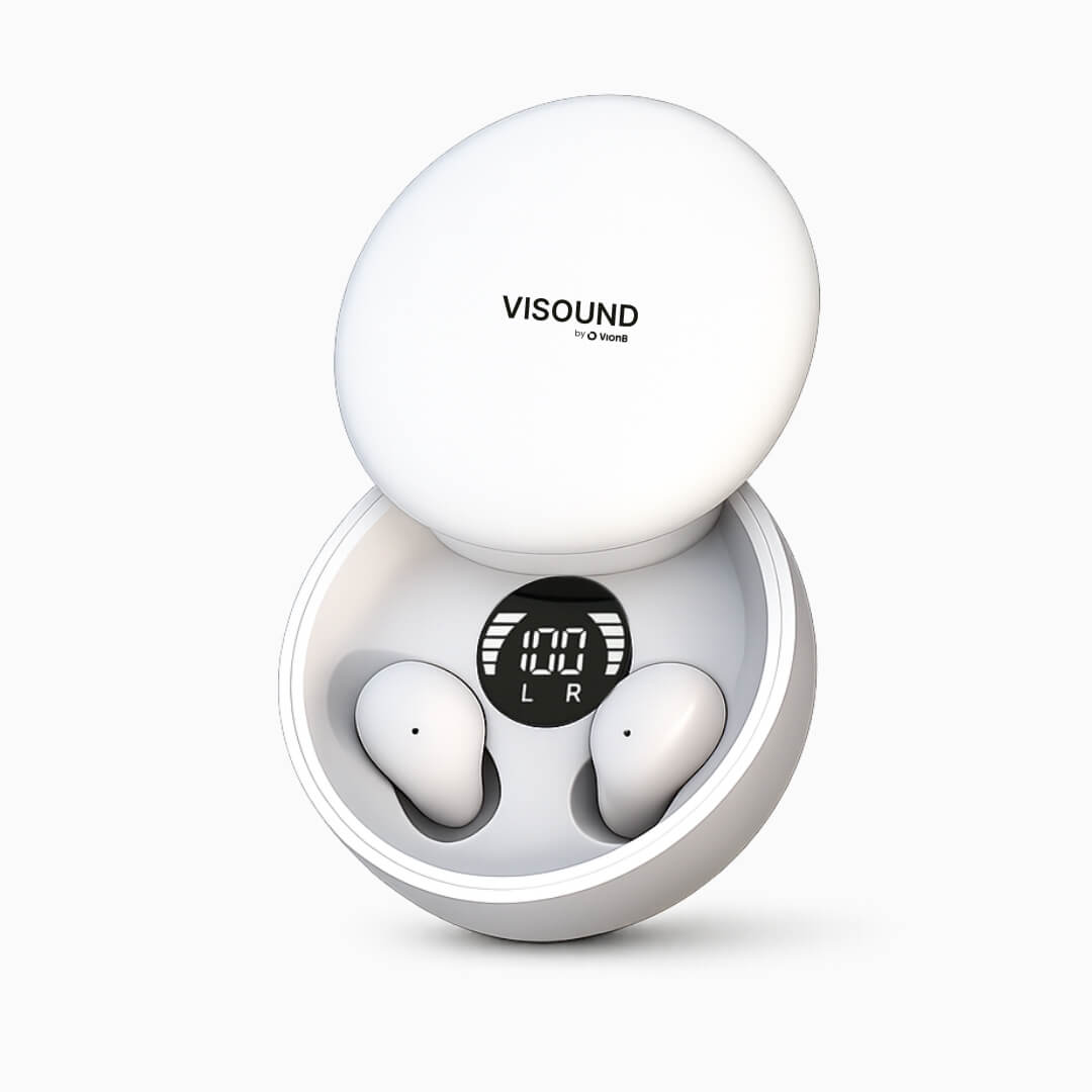 VISOUND by O VionB white wireless earbuds in their open charging case displaying a digital screen showing 100 percent battery and L R indicators on a clean white background