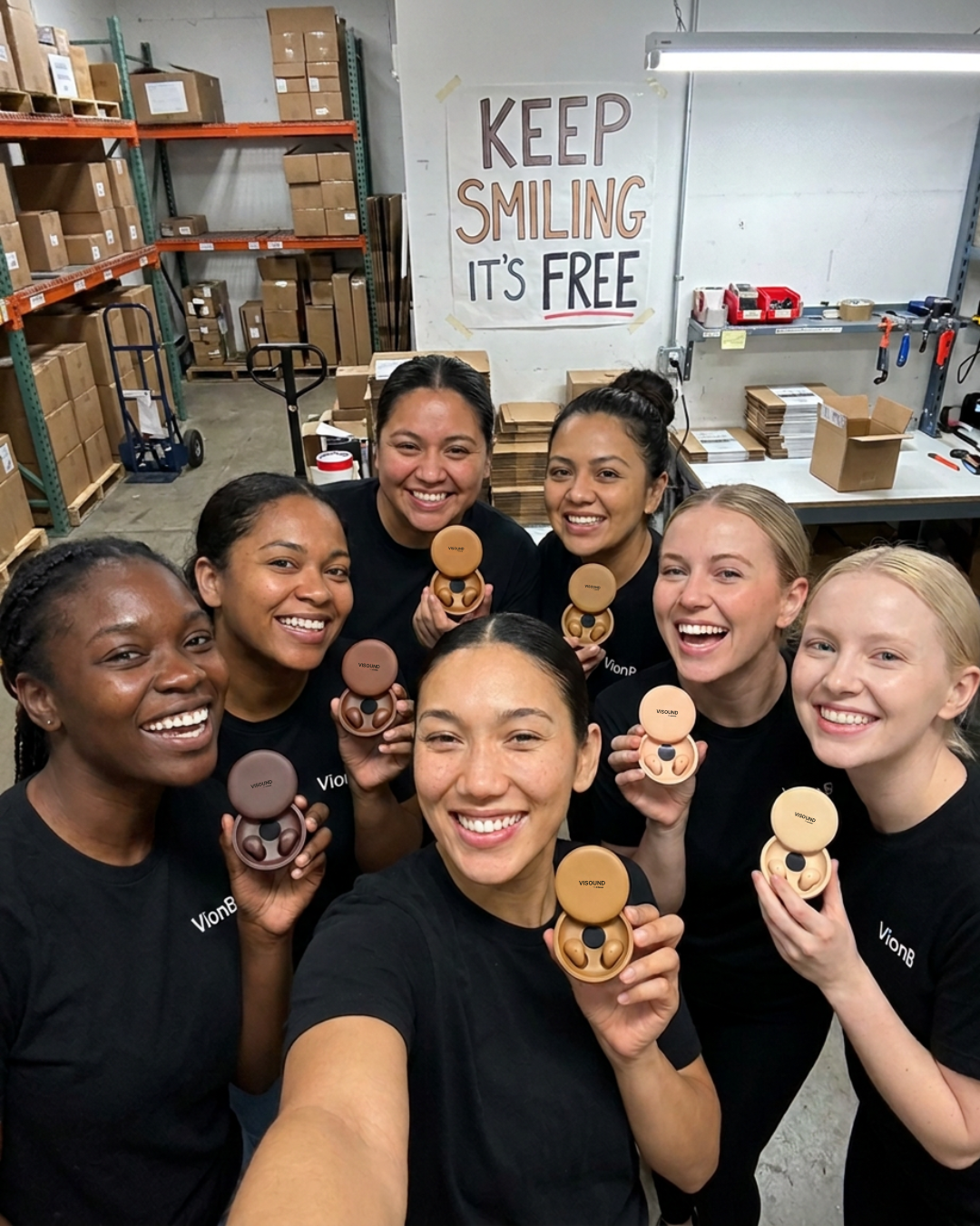 A group of seven women in a warehouse smile for a selfie, holding up small, round cases.