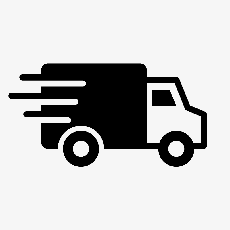 Digital icon of a black and white delivery truck in profile with horizontal speed lines emphasizing fast delivery