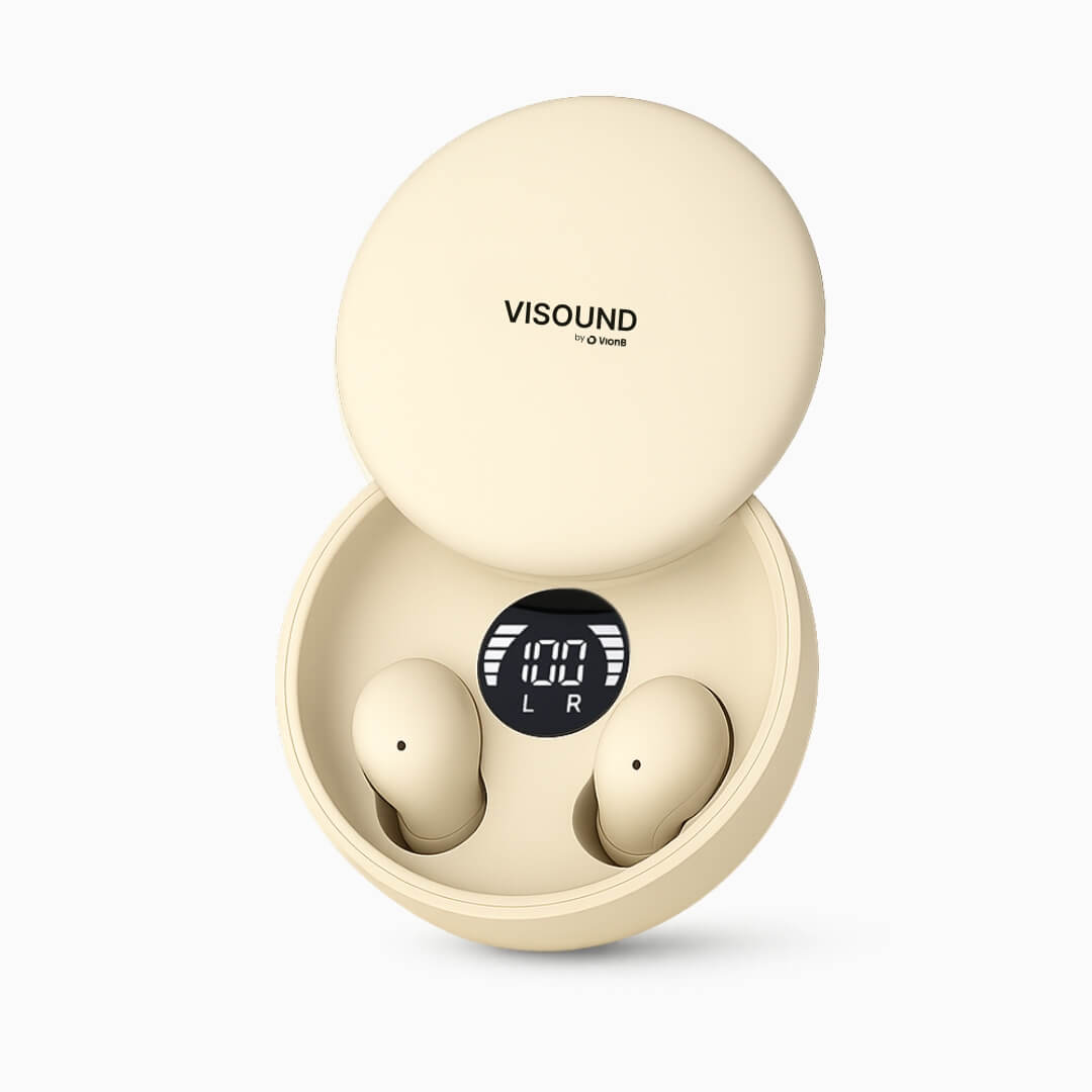 Digital photograph of VISOUND by VionB beige wireless earbuds inside their open charging case, displaying the brand name on the lid and a digital screen showing 100 percent charge with L and R indicators
