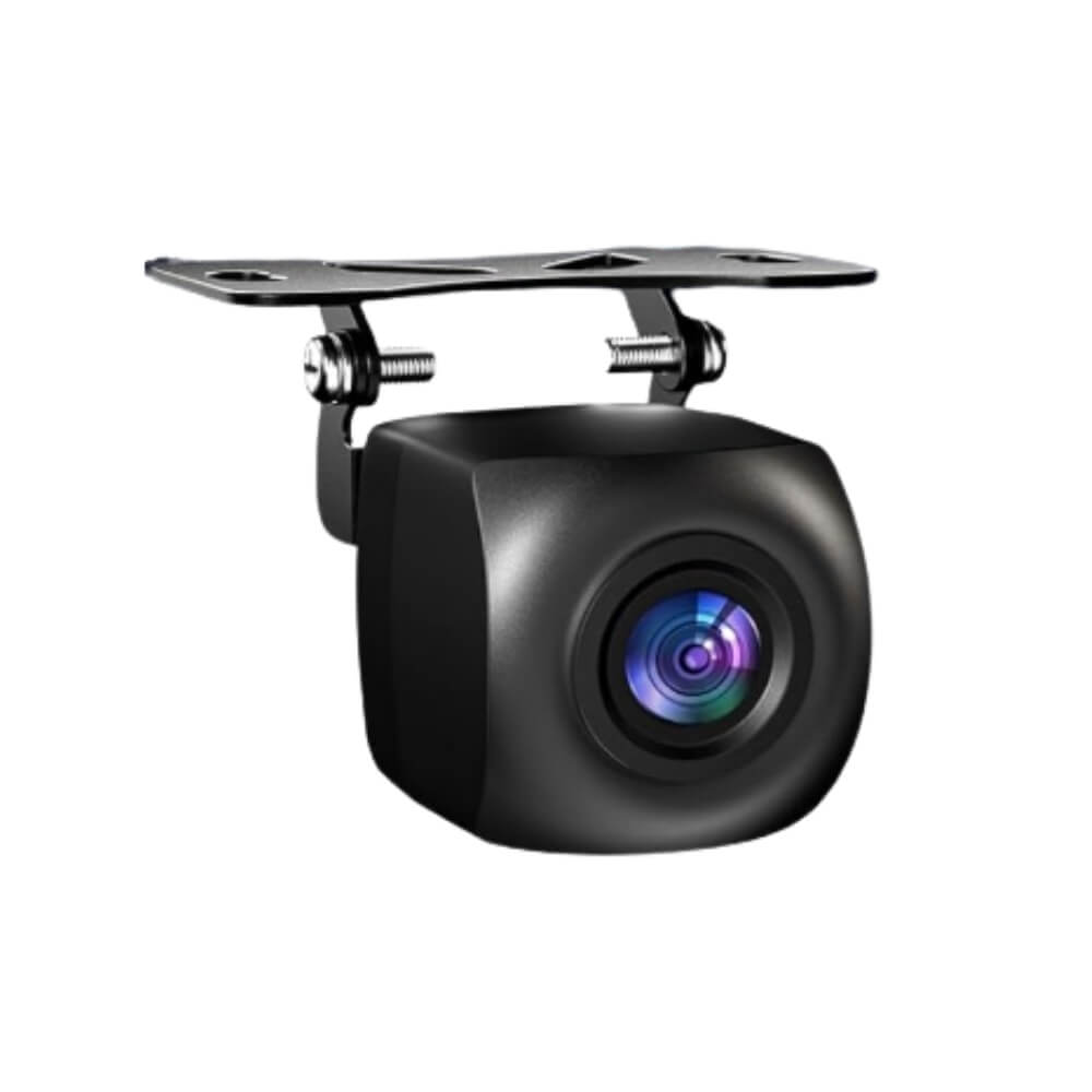 Black square car rearview camera with an adjustable metal mounting bracket and a lens reflecting blue and purple light