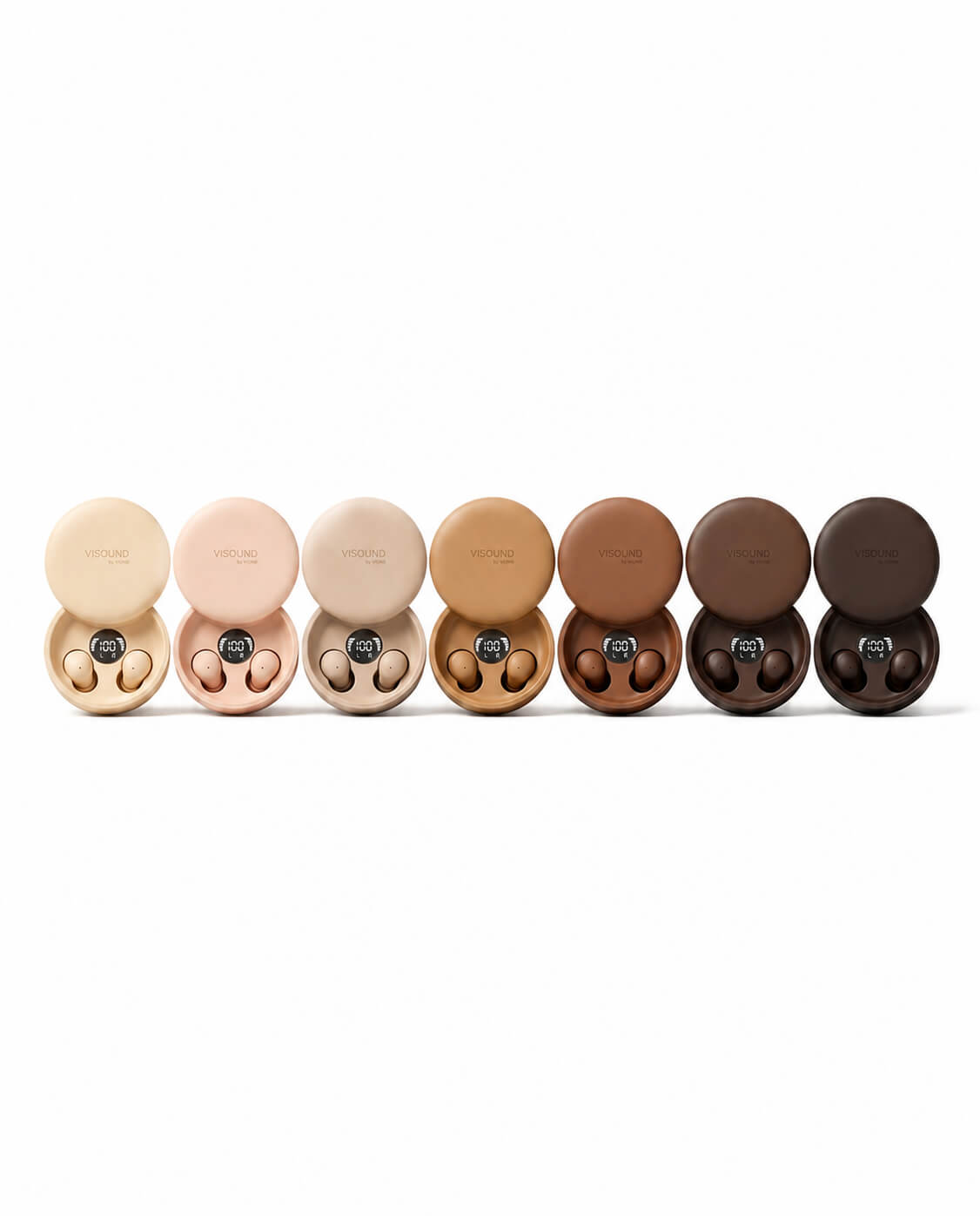 A row of seven wireless earbuds in open charging cases, in various shades of beige and brown.