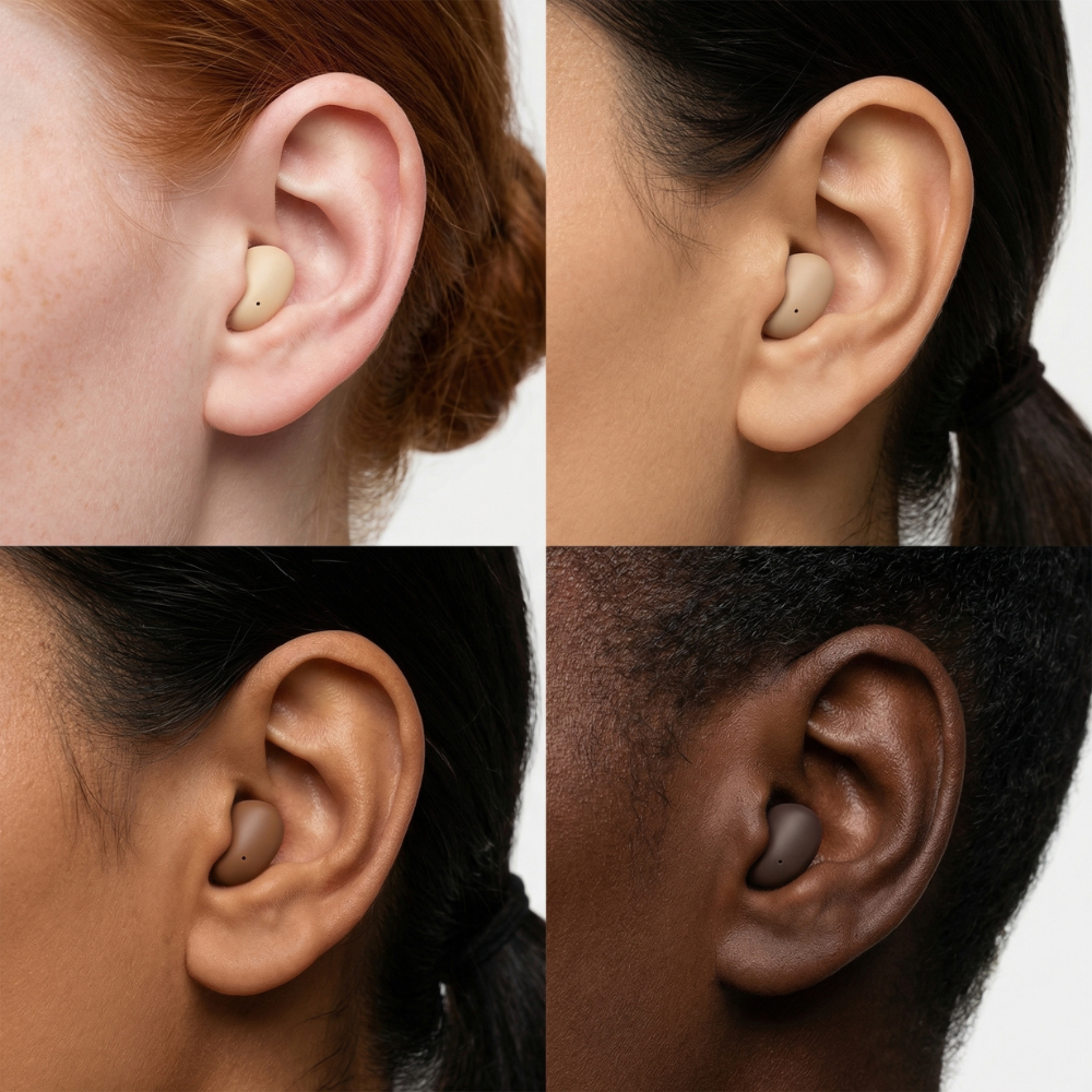 A four-panel collage showing ears of people with different skin tones, each wearing a matching in-ear device.