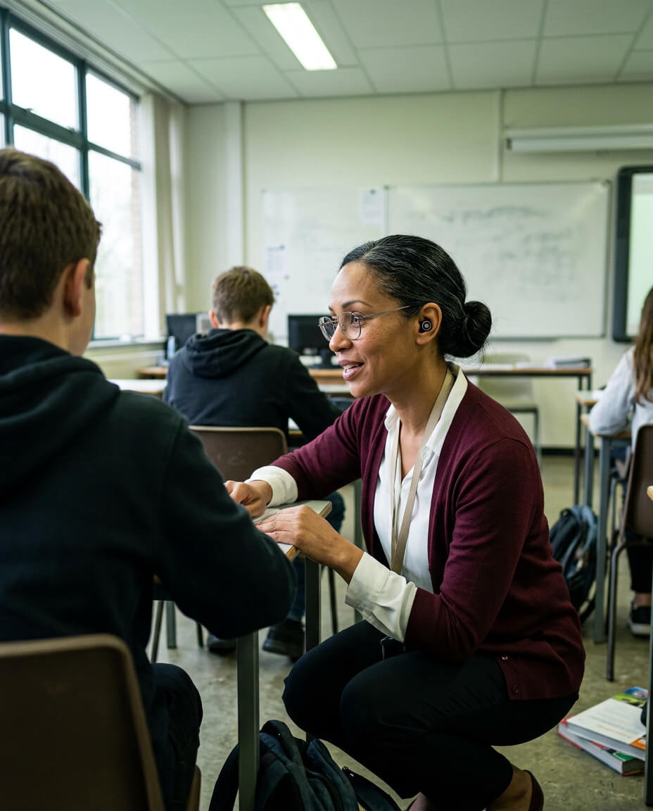 A teacher crouches beside a student's desk in a classroom to speak with them one-on-one.