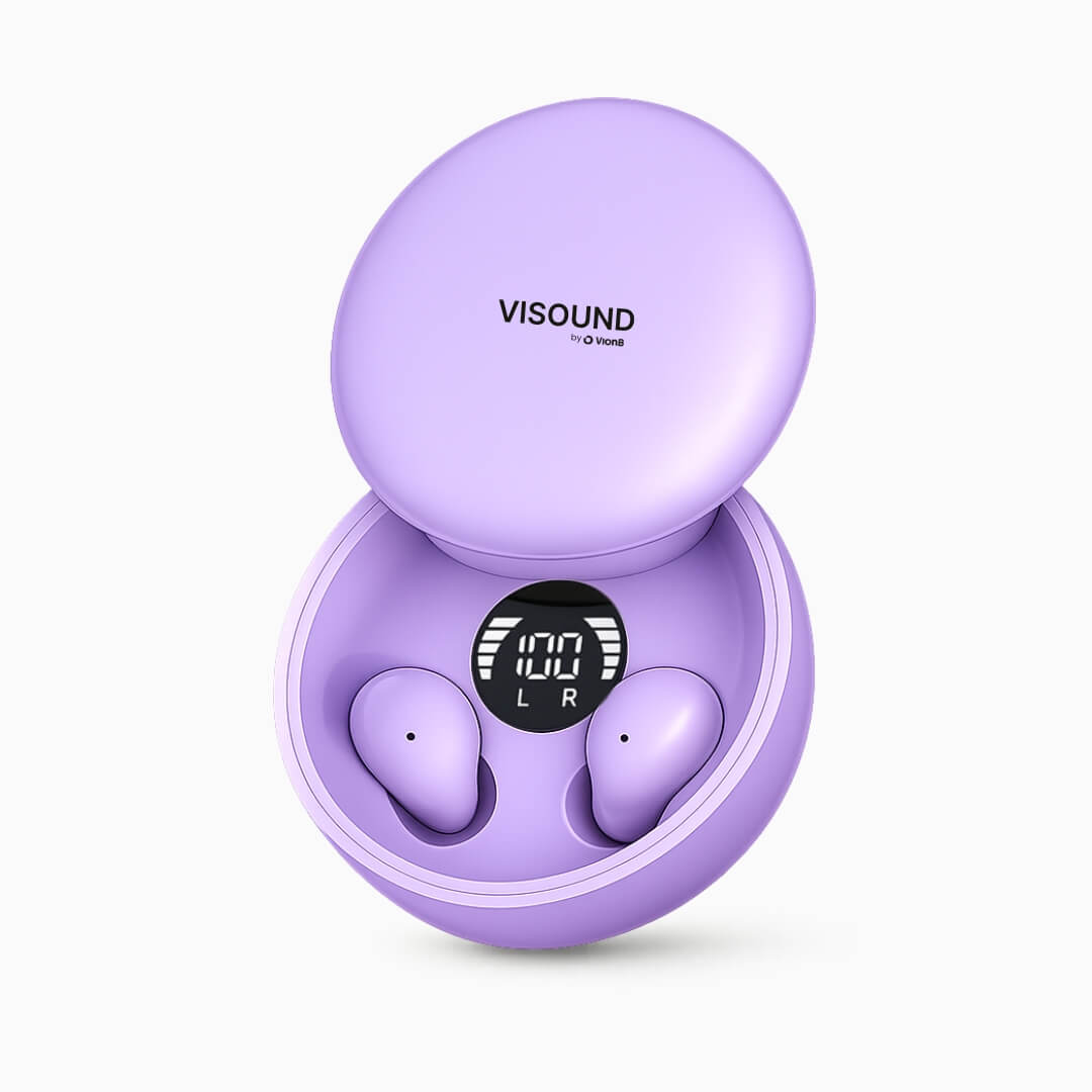 Digital image of VISOUND by VionB lilac purple true wireless earbuds nestled in their open charging case, displaying 100% battery and L/R indicators on a white background