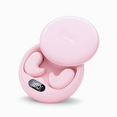 Pink VISOUND wireless earbuds in an opened charging case displaying a 100% charge and unique earbuds with a smile design