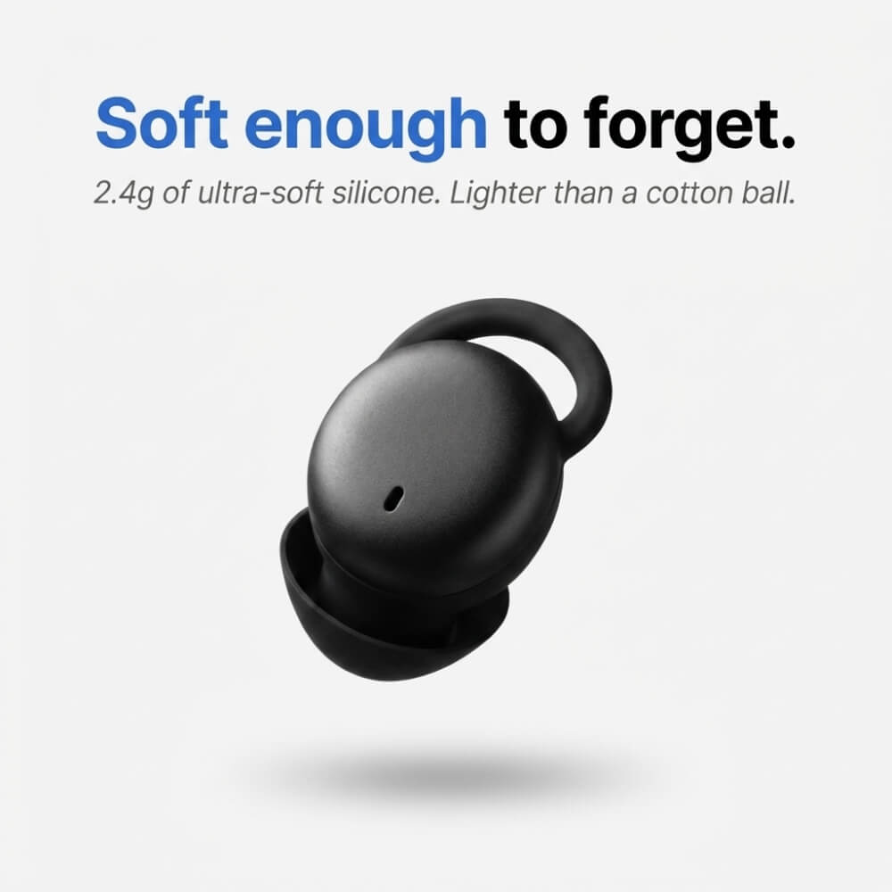 ViSound™ Hush sleep earbud in black, featuring a soft silicone design and lightweight construction for comfort.