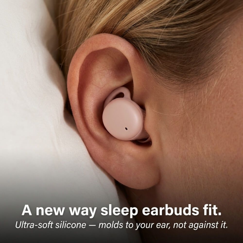 ViSound™ Hush sleep earbuds in a close-up view, fitted comfortably in a person's ear against a soft pillow.
