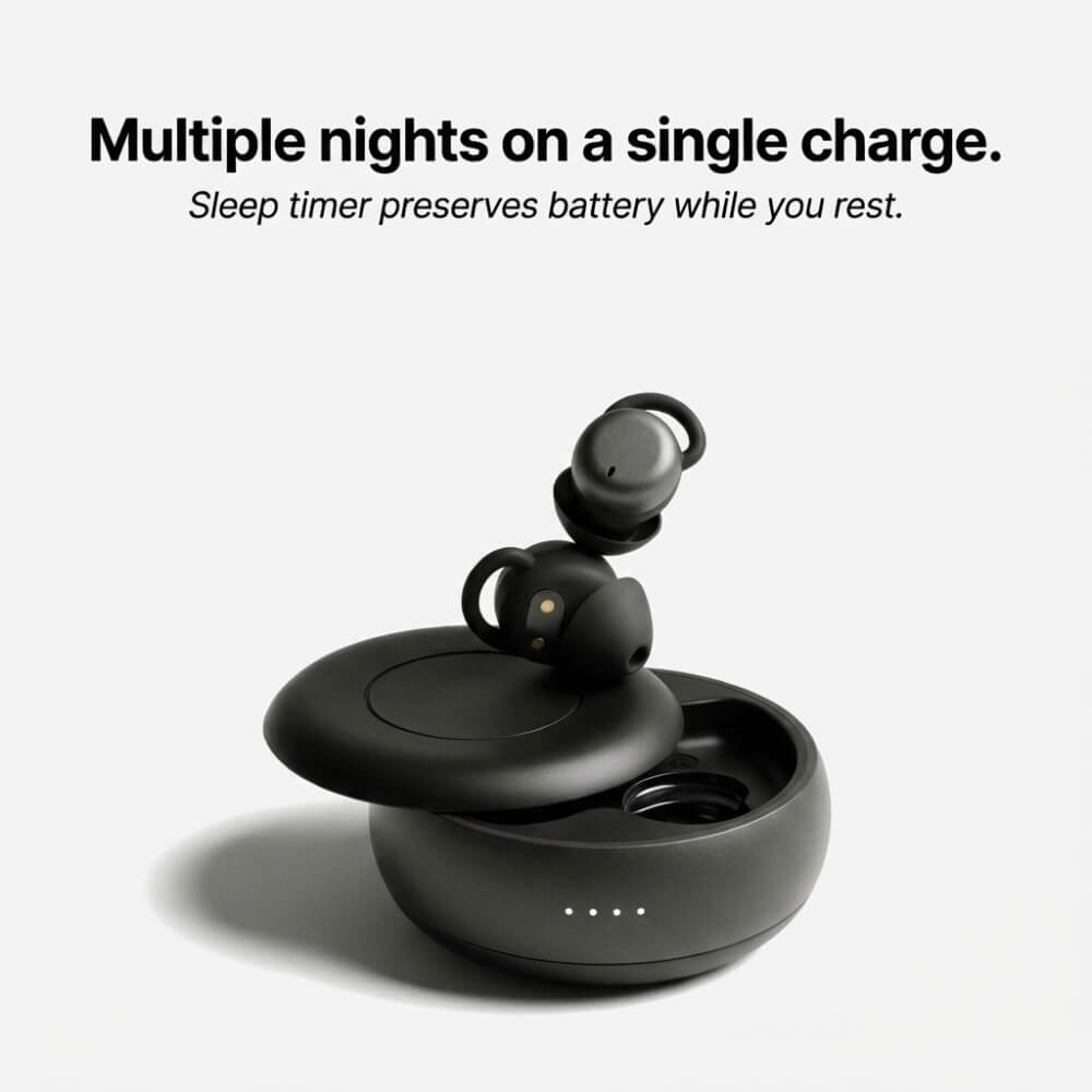 ViSound™ Hush sleep earbuds in a black charging case with three LED battery indicators.