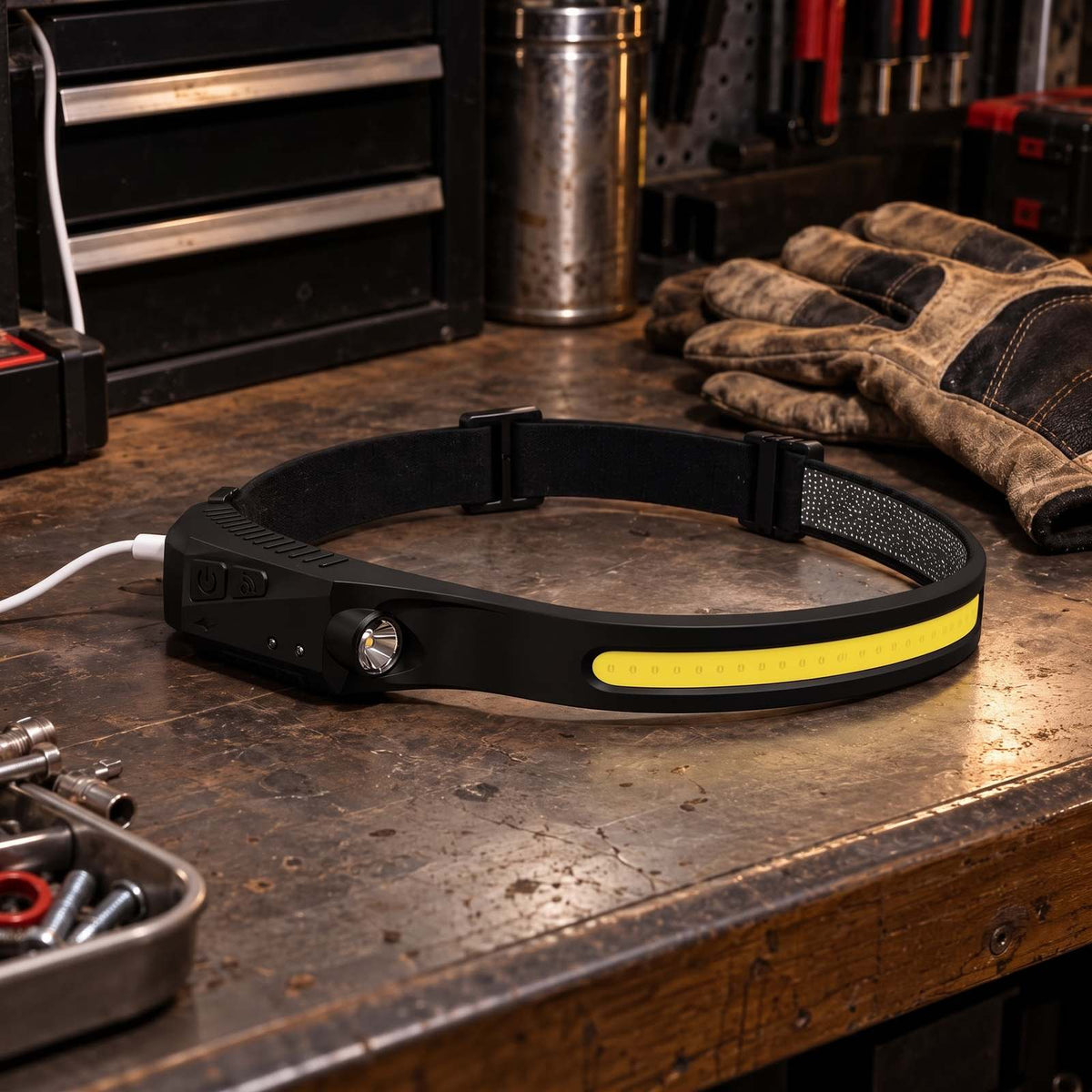 The Arc headlamp charging on a workbench next to a pair of work gloves