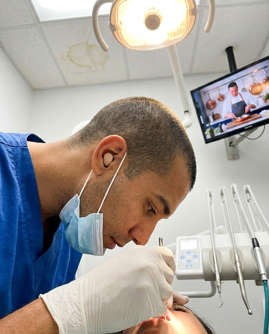 A dentist in scrubs works on a patient's mouth while a TV plays in the background.