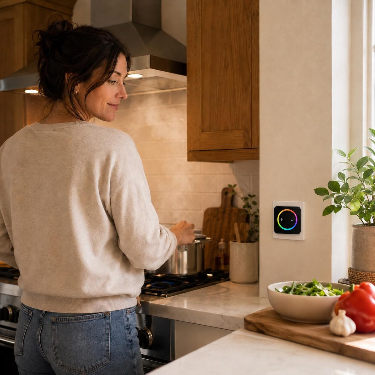 A woman cooking at the stove with the range hood on, glancing at a black chime plugged into the wall beside her, its ring of color lit.