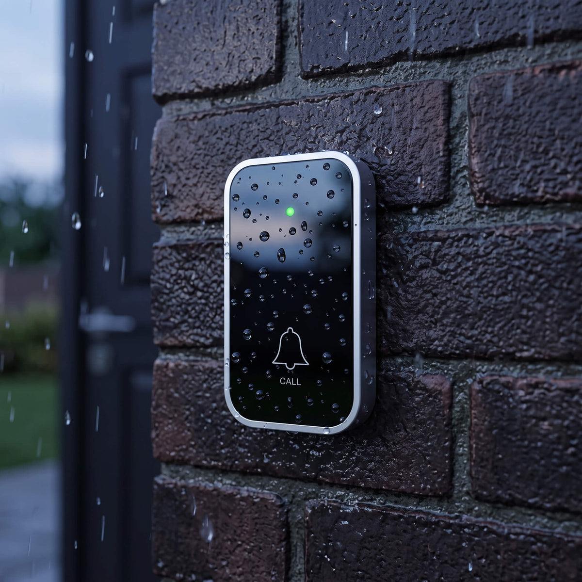 A black wireless doorbell button with a small green light, mounted on a wet brick wall beside a dark front door in the rain.