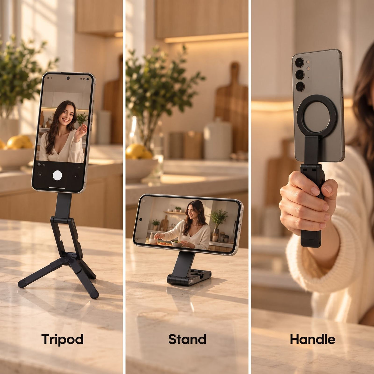Pose used three ways: tripod on a counter, desk stand in landscape, and handheld grip