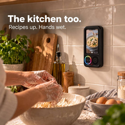 ViSound Spa on a kitchen backsplash, a recipe on screen, hands in the dough