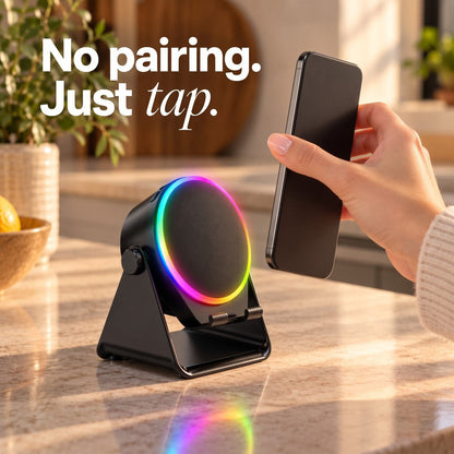 No pairing, just tap: a hand bringing a phone to the ViSound Tap rest on a kitchen counter
