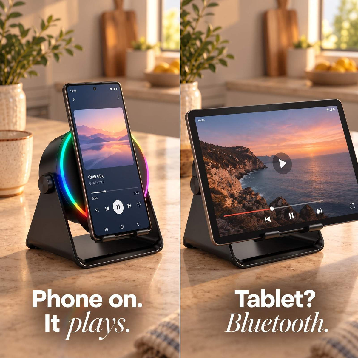 ViSound Tap two modes: a phone playing by induction and a tablet playing over Bluetooth