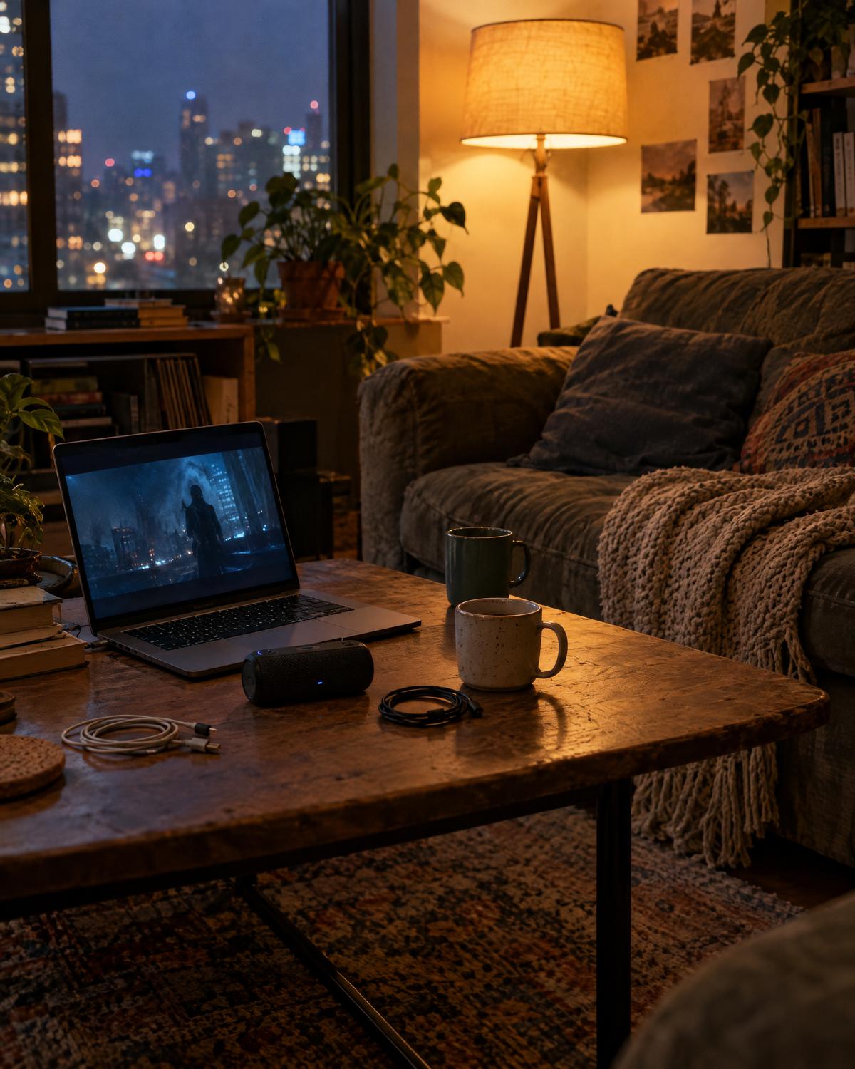 A cozy apartment living room at night with a laptop, a small speaker and two mugs on the coffee table