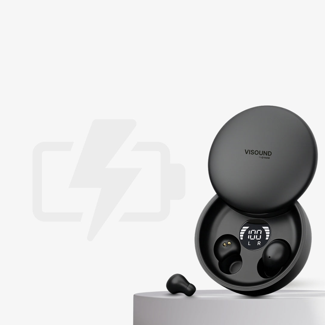 Black wireless earbuds in a round open charging case with digital display.