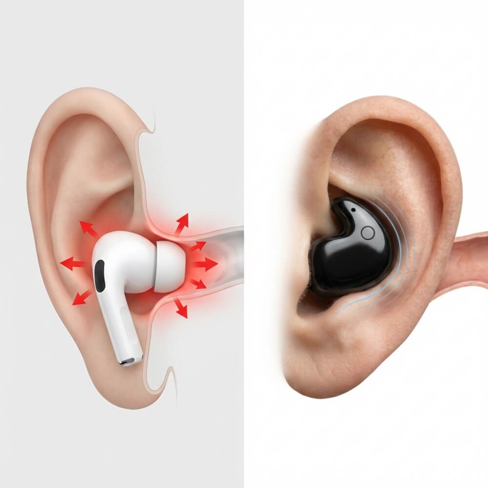 A comparison diagram showing a white earbud causing pressure and a black earbud fitting comfortably in an ear.