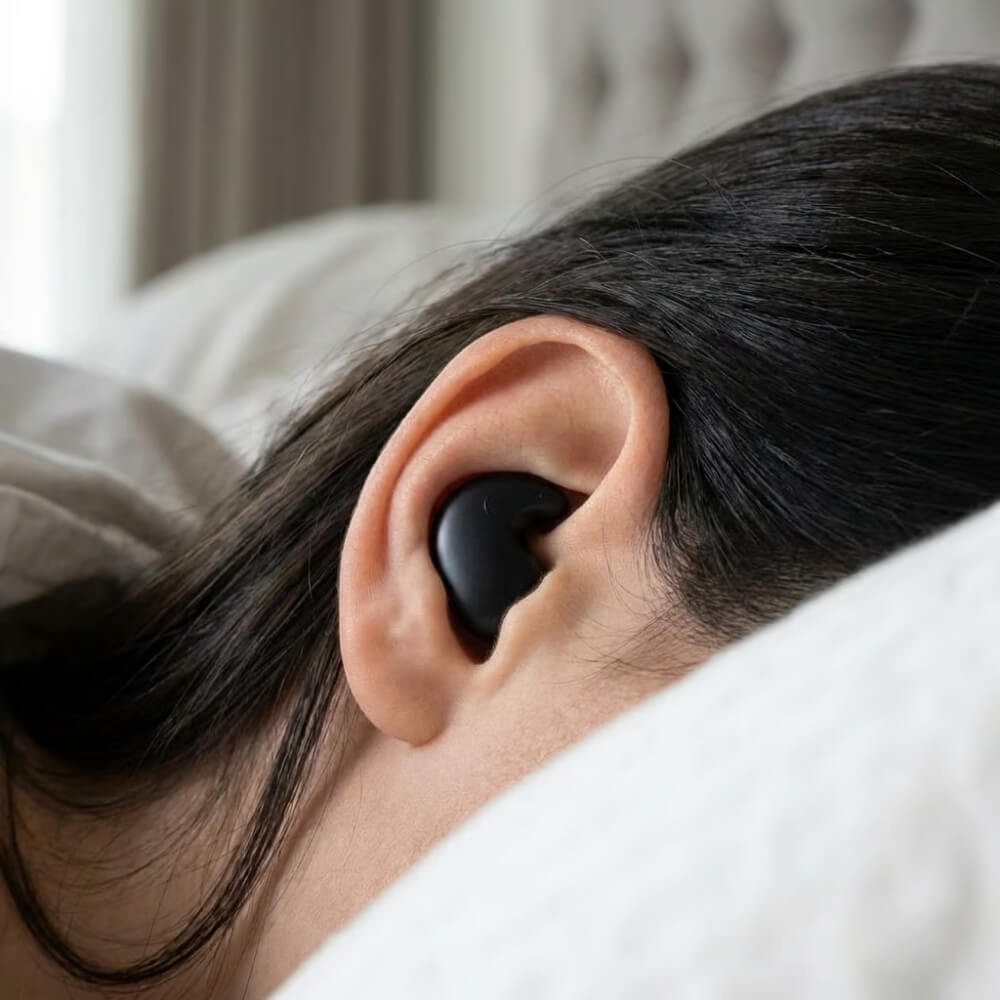 A close-up of a person lying down with a black earbud in their ear.