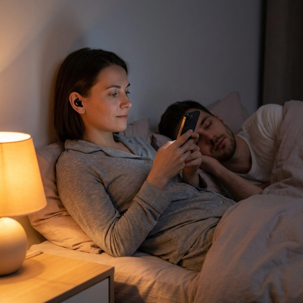 A woman in bed at night looks at her phone while wearing an earbud as a man sleeps beside her.