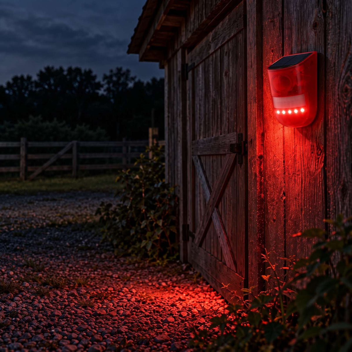 Ward mounted on a barn wall at night, mid-flash